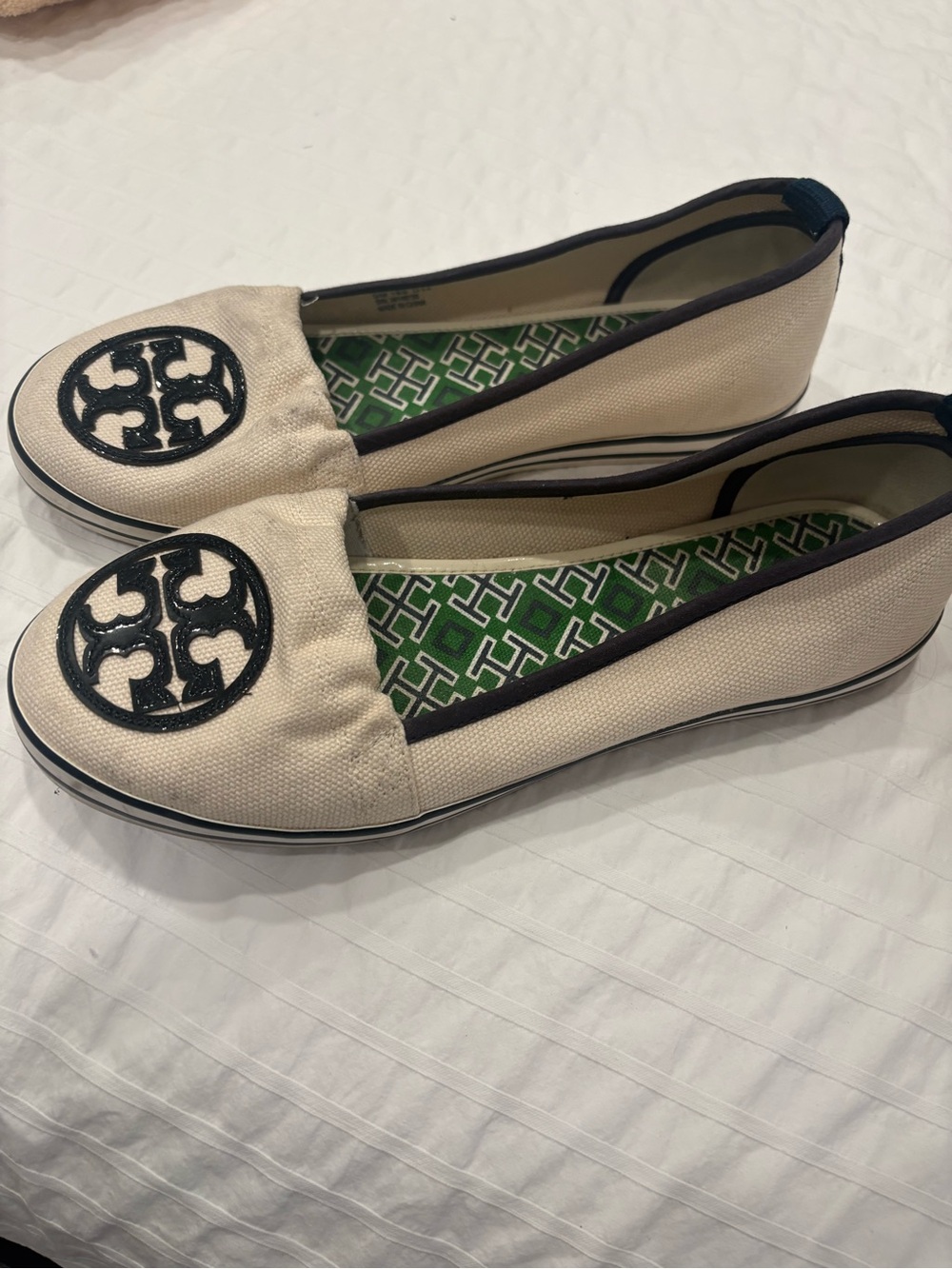 Tory Burch Cream Canvas Slip-On Flats with Black Logo